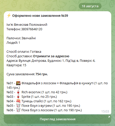 Оповещение о заказе в Telegram